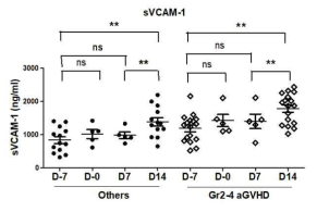 GAcute GVHD가 심했던 그룹, score 2-4 그 외의 그룹을 others로 나타내어 날짜별로 정리해 본 결과에서 soluble VCAM-1의 발현도를 ELISA 방법으로 알아봄