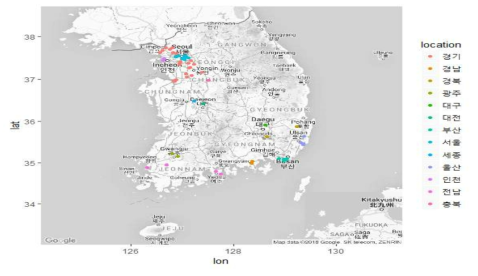 선정된 국내 수산산업 내 우수 중소기업의 지역별 분포