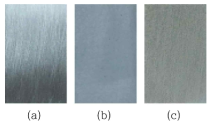 Photographs of electro-deposits film after 6 h at each solution. (a) Fe substrate, (b) sea water, and (c) Ca(HCO3)2 solution by using oyster shell