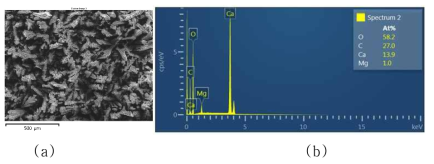 (a) Second electron microscope image and (b)energy dispersive X-ray analysis result of electrodeposit film by using oyster-shell