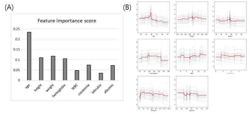최종 예측모델에서 각 변수들이 예측에 기여하는 정도와 방식을 설명하는 데이터. (A) 나이가 가장 큰 영향을 미치고, 체중, 헤모글로빈이 그 다음으로 영향을 미치는 정도가 큰 것으로 나온다. (B) 나머지 변수를 고정시키고, 각 변수를 변화시켰을 때의 예측치 변화를 보이는 부분의존성 플롯. 나이가 들수록 필요한 용량이 감소하는 것이 시각화되었다