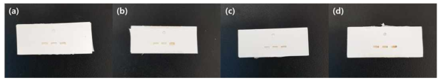 글루코스 농도에 따른 종이 기반 센서 색상 변화. 글루코스 농도 (a) 0.1 mM, (b) 1 mM , (c) 5 mM, (d) 10 mM