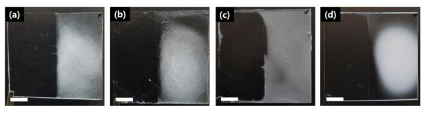 다양한 종류의 폴리머 전기 방사 결과 (오른쪽: 친수성, 왼쪽:소수성 표면) (a) PCL, (b) Polystyrene, (c) cellulose acetate, (d) PVDF (scale bar: 10 mm)