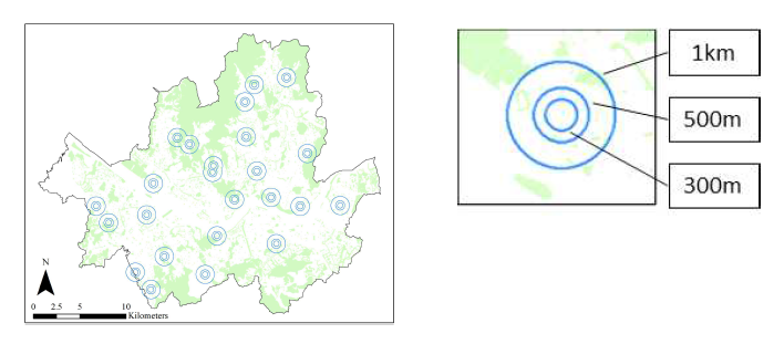 서울시 도시대기측정소 위치와 각 측정소를 중심으로 한 반경 1km, 500m 및 300m의 버퍼