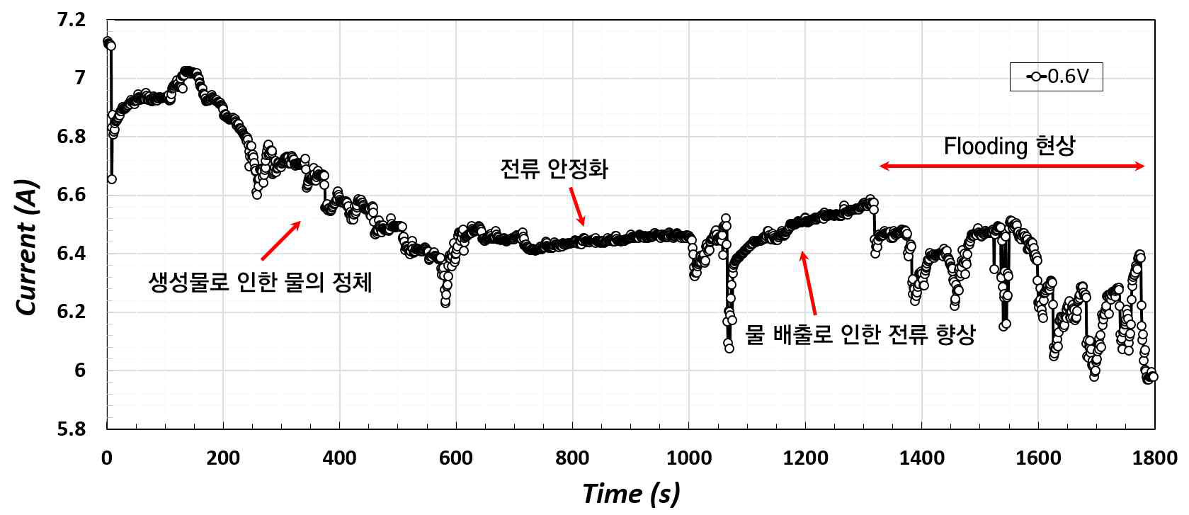 0.6V(CV모드) 30분 유지 변화에 의한 연료전지 성능곡선