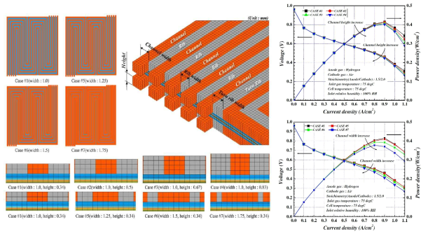 Serpentine 분리판의 Channel 높이와 폭이 변화하는 7개의 형상에 대해 물질전달 메커니즘 평가 (Ref. 1 참고)