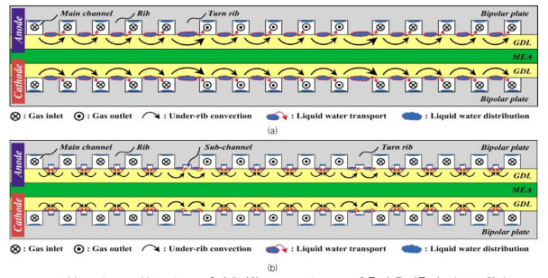 (a)Main Channel, (b)Sub-Channel 추가에 의한 Under-Rib Convection 유동 및 물 거동 비교 (Ref. 8 참고)