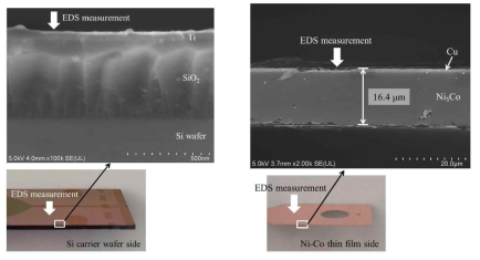 EDS measurement points; (a) Si carrier wafer side, (b) Ni-Co thin film side