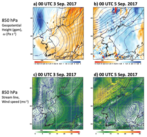 6차 핵실험 사례의 (a, b) 850 hPa 지위고도, 연직 속도와 (c, d) 유선과 풍속. 유출 시점에 가까운 3일 00UTC와 2일 경과후인 5일 00UTC의 상황을 분석한 결과이다