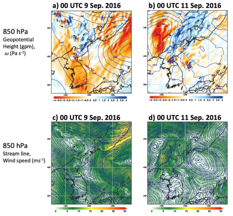 5차 핵실험 사례의 (a, b) 850 hPa 지위고도, 연직 속도와 (c, d) 유선과 풍속. 유출 시점에 가까운 9일 00UTC와 2일 경과후인 11일 00UTC의 상황을 분석한 결과이다