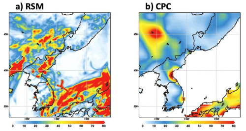 2016년 9월 9일-14일 사이의 (a) 모델, (b) CPC 관측 누적 강수량