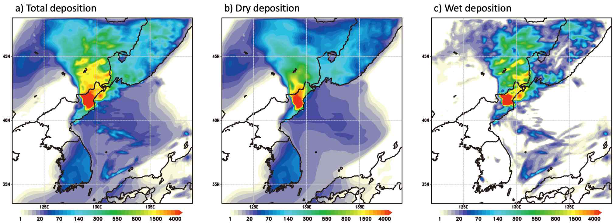 5차 핵실험 모의 실험 20일 기간 누적된 지면 침적량 (0.1 kBq m-²)