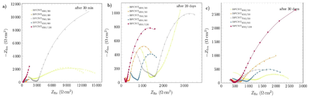 부식 시간에 따른 EIS 분석 결과 (a) 30분, (b) 20일, (c) 30일