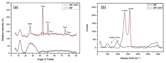 CNT가 성장된 현무암 섬유와 순수 현무암 섬유 (a) XRD 분석 결과, (b) Raman 분석 결과