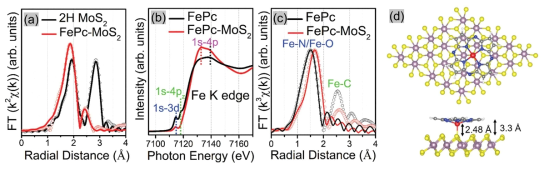 FePc가 삽입된 MoS2의 (a) Mo 3d XPS 데이터. Fe K edge에 대한 (b) XANES, (c) EXAFS 데이터 및 (d) FePc-MoS2 구조체의 모식도