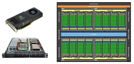 개별 GPU와 서버용 GPU (좌측), GPU 병렬 코어의 구조, 녹색이 계산 유닛 (우측)