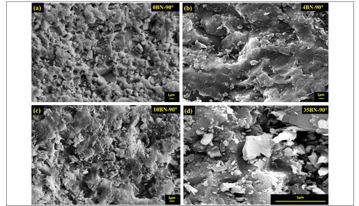 SEM micrographs of eroded SiC-BN composites at 800℃: (a) SBN0, (b) SBN4, (c) SBN10, and (d) SBN35. The monolithic SiC and SiC-BN composites were eroded at an impingement angle of 90˚