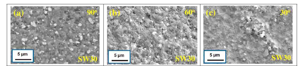 SEM images of SiC-30 wt% WC composites worn at 800℃ with an impingement angle of (a) 90˚, (b) 60˚, and (c) 30˚