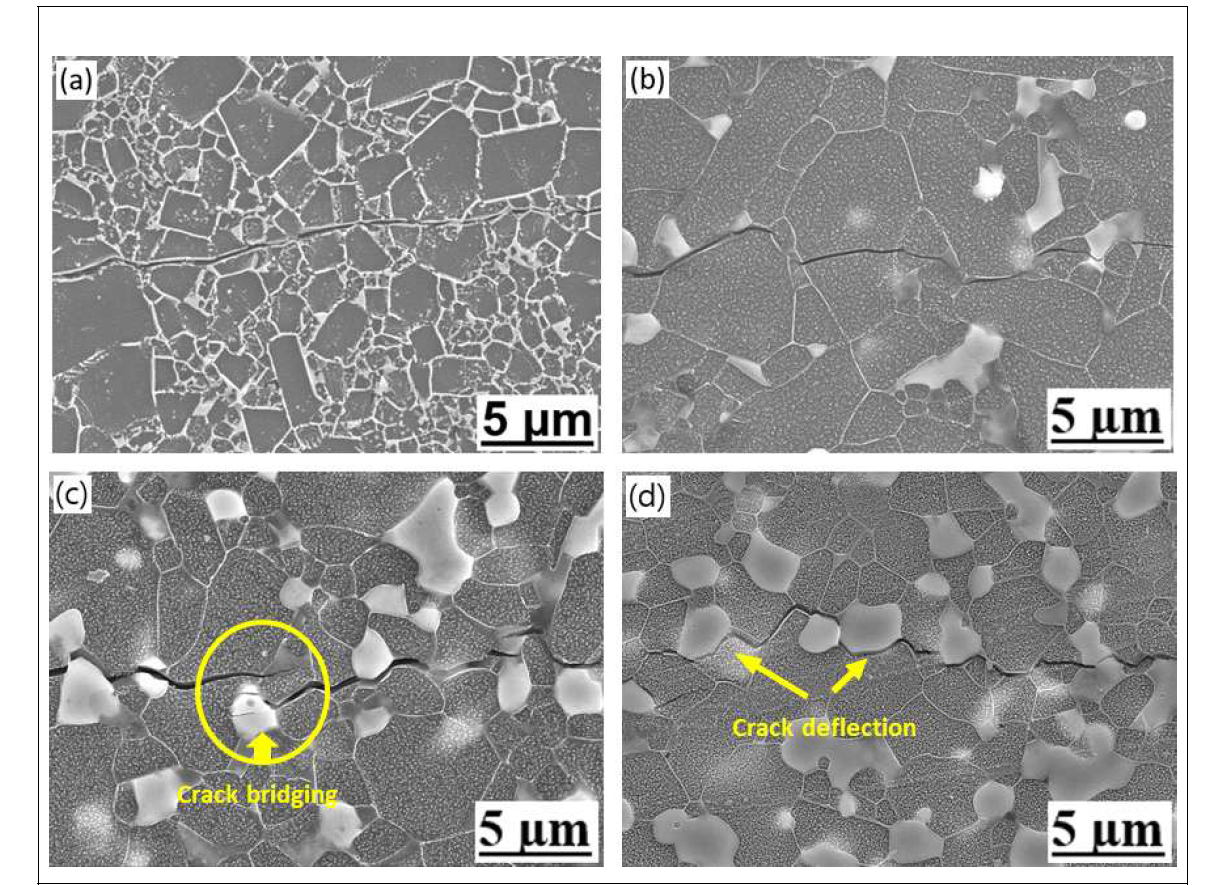 Crack propagation behaviors of the monolithic SiC and SiC–Zr2CN composites: (a) SZN0, (b) SZN4, (c) SZN10, and (d) SZN20. Crack bridging and crack deflection by Zr2CN grains are clearly shown