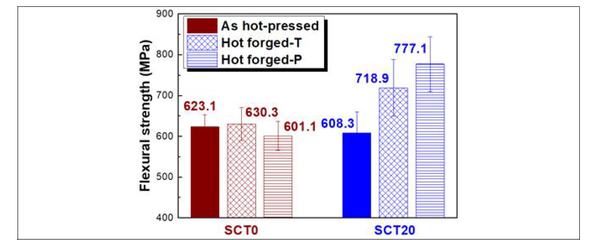 Flexural strength of as-hot pressed and hot forged monolithic SiC and SiC-20 vol% TiC composite