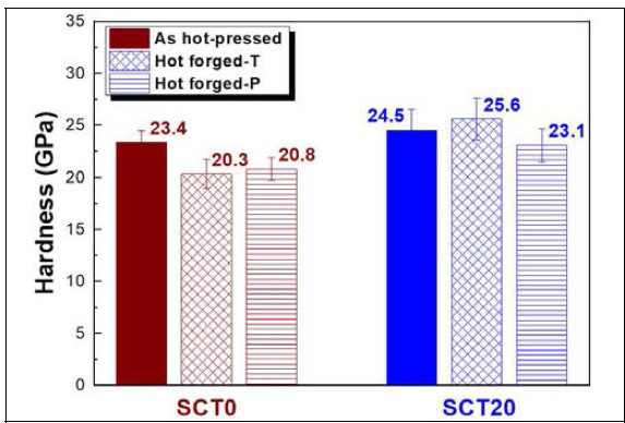 Hardness of hot forged monolithic SiC and SiC-20 vol% TiC composite