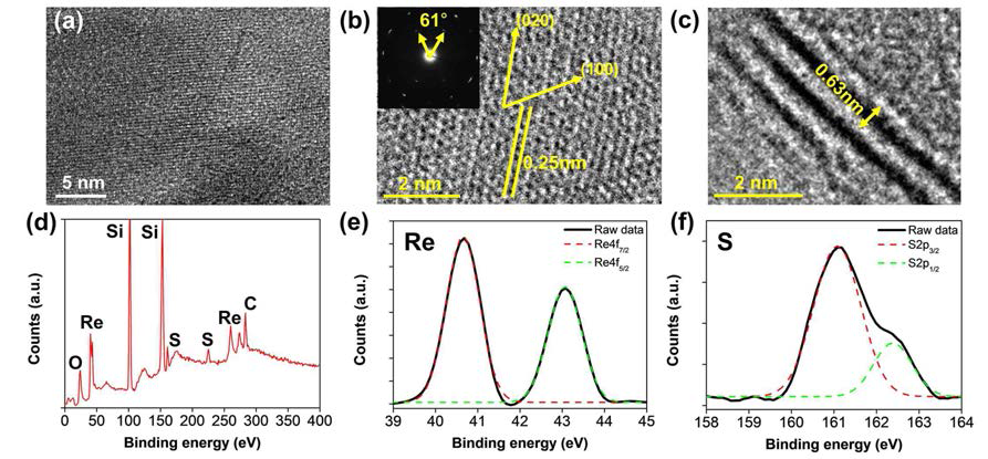 합성된 대면적 ReS2 필름의 구조적 결성 및 화학적 구성 분석. (a), (b) 합성된 ReS2 필름의 FE-TEM을 이용한 물질 표면 측정 사진. μm2 수준의 결정크기와 분자 배열 확인 (c) FE-TEM을 이용한 합성된 물질의 측면 측정 사진. 다층 구조의 ReS2 확인 (d) 합성된 ReS2 필름의 XPS 측정 결과 (결합 에너지 범위 0-400 eV) (e) XPS Re4f 스펙트럼. (f) XPS S2p 스펙트럼