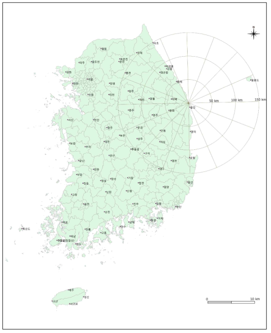 우리나라의 기상관측소 및 한울 원자력발전소 기준 방위 및 거리