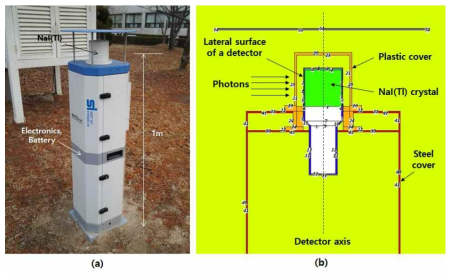 3”x3” NaI(Tl) 검출기기반 환경방사선감시기 (a) 및 검출기 반응함 수 계산을 위한 MCNP 모델링 (b)