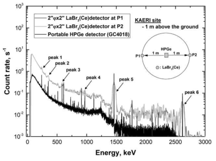 연구원 부지 내에서 측정된 LaBr3(Ce) 및 HPGe 검출기를 이용한 에너지스펙트럼