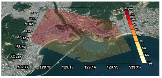 회전익 항공기를 이용하여 측정한 지상 1m 높이에서의 공간감마선량률 지도