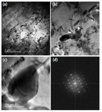 Transmission electron microscope analysis results for weldment of G91-NF model alloy; (a)-(c) bright field images, (d) diffraction pattern