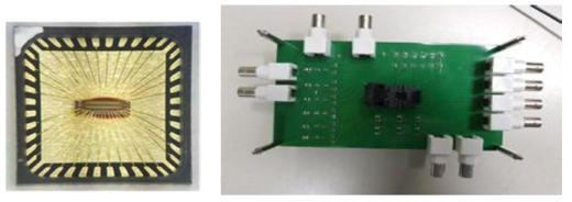 (a) 180 nm 실리콘 공정 하에서 제작된 CMOS 및 BiCMOS 전치 증폭기 및 (b) 실험 보드 (PCB)