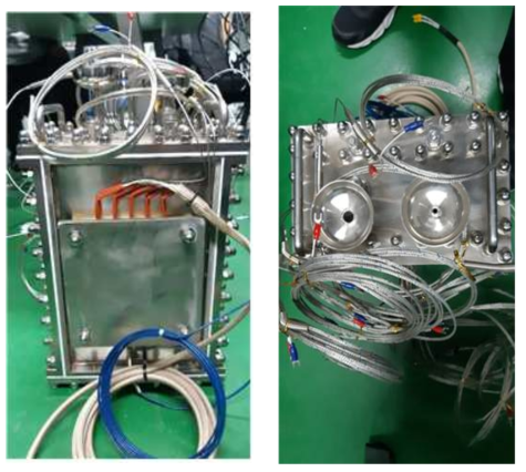 제작된 원자로 단면 모사장치, 열전대 집합체 및 히터 실물사진 (좌: 히터 부착면, 우: 상부면)