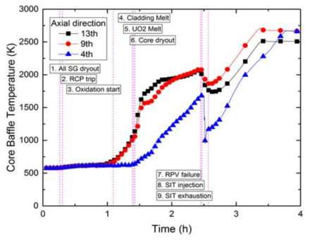 급수완전상실사고 경위에 따른 노심 배플의 축방향 온도분포