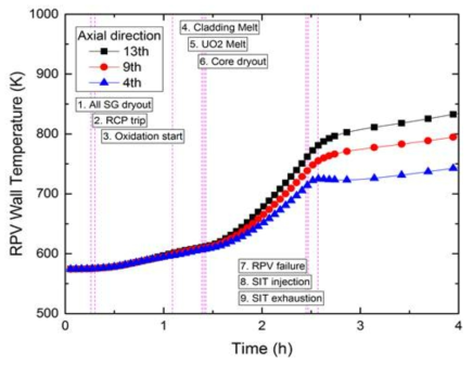 급수완전상실사고 경위에 따른 원자로용기 원통형 외부벽면의 축방향 온도분포