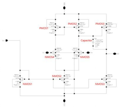 최소의 채널길이인 180nm로 설계된 operational amplifier의 회로도