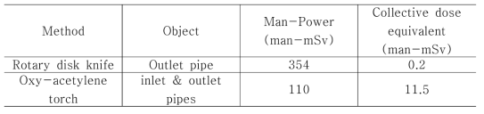 Total manpower and collective dose equivalent for dismantling of forced circulation pipes