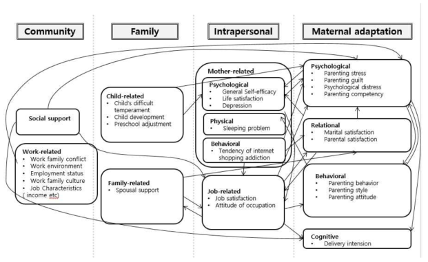 Path diagram of major concepts related to maternal adaptation of employed mothers