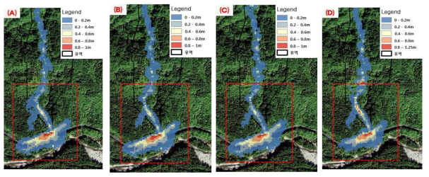 Debris flow simulation results of using LiDAR data