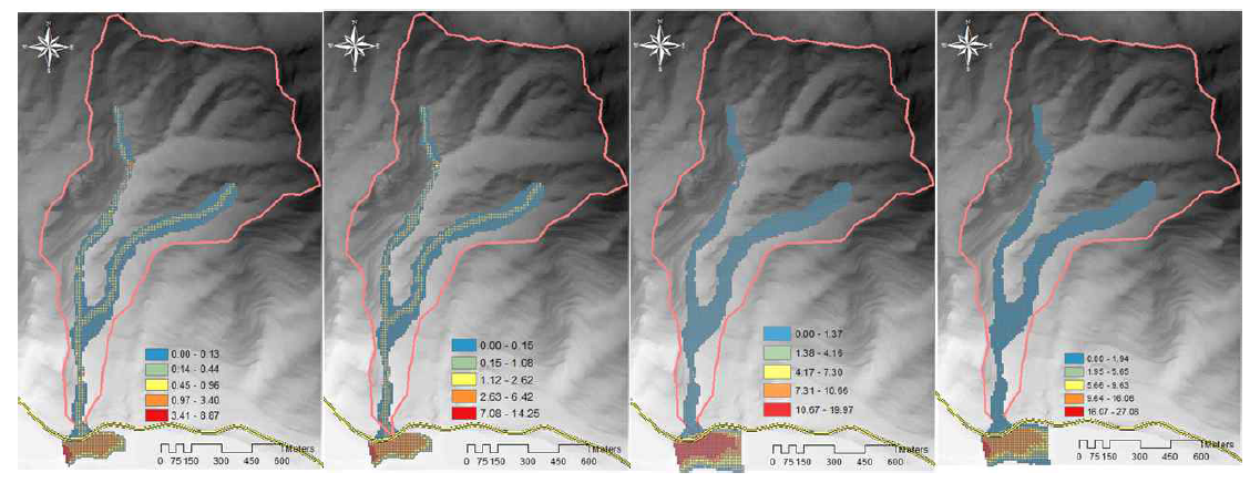 FLO-2D simulation results (Site 1. Diffusion range and velocity)