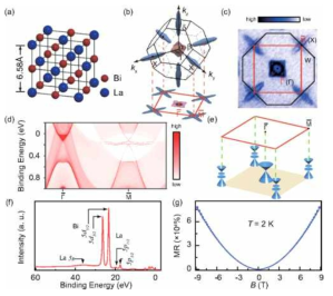 (a) LaBi 결정구조 (b) Bulk FS와 표면 BZ으로의 투영 (c) 실험적 FS (d) ab initio 계산 (e) 표면 Dirac cone (f) LaBi의 내각준위 스펙트럼 (g) MR