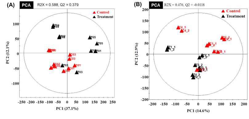 PCA (principal component analysis) score plot of the control group (▲ red triangles) and treatment group (▲ black triangles) in serum and longissimus muscle. (A) The figure showed PCA analysis in serum. (B)The figure showed PCA analysis in longissimus muscle