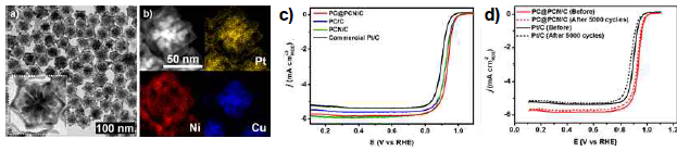 합성된 PtCu@PtCuNi 나노프레임 구조의 a) TEM 이미지 및 b) HAADF-STEM 이미지와 EDS elemental mapping 이미지, c) ORR에서의 활성 및 d) 내구성 테스트 결과를 보여주는 LSV 그래프