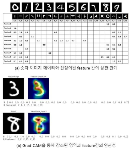 숫자 데이터와 feature의 상관관계 및 해당 관계가 반영된 Grad-CAM의 실험 결과