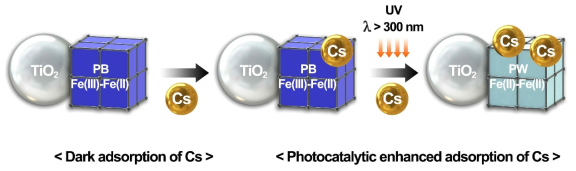 광촉매 반응에 의한 세슘 흡착 증가 모식도