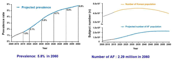 한국인 심방세동의 예측 유병률. 2030년부터 인구감소가 예상되나 심방세동 유병률은 지속적으로 상승할 것으로 예상됨. (Am Heart J. 2018 Aug;202:20-26. doi: 10.1016/j.ahj.2018.04.017.)