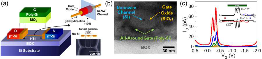 (a) Si Ellipsoidal-QD로 구성된 P+IN+ 접합형 NDT 소자의 개략도 및 채널부 이미지, (b) 채널부 영역의 GAA 구조를 보이는 투과전자현미경 이미지, (c) M-자형 NDT 특성을 보이는 P+IN+ Si Ellipsoidal QD NDT 소자의 전류-접압 특성
