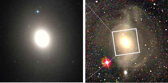 병합의 만기 단계에 있는 타원 은하 M85의 허블우주망원경 영상(왼쪽)과 SDSS 영상(오른쪽)