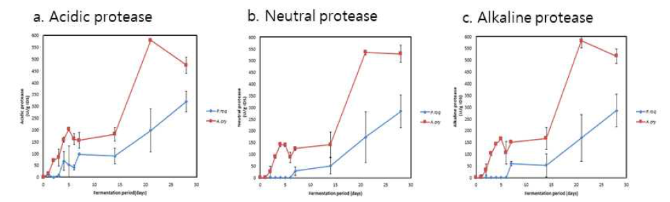 Protease activities in whole soybean meju fermented with P.roqueforti or A. oryzae