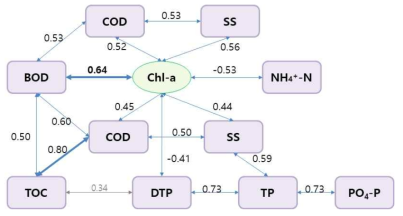 낙동강 중류 조류 발생에 관한 개념적 인과관계 모델 (수치는 상관계수를 의미)
